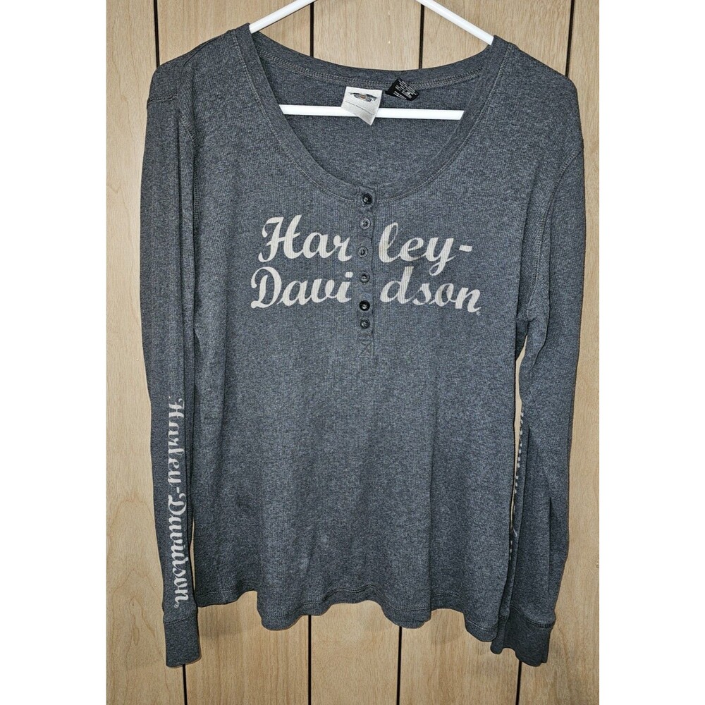 Harley Davidson Womens 1W Gray Thermal Henley Shirt Long Sleeve Motorcycle Logo - Picture 15 of 16
